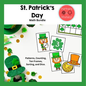 Może przedstawiać: Zestaw matematyczny na Dzień Świętego Patryka dla dzieci z krasnalem, koniczyną, kostkami do gry i ramką dziesiętną. Tekst "Partners in Pretend" znajduje się w kółku z czerwonym tłem. Tekst "St. Patrick's Day Math Bundle" jest w kolorze czarnym. Tekst "Patterns, Counting, Ten Frames, Sorting, and Dice." jest w kolorze czarnym.