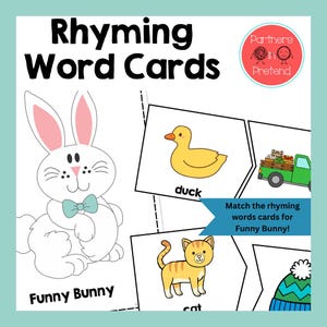 Puede incluir: Tarjetas educativas de palabras con rima con un conejo de dibujos animados e ilustraciones de un pato, un gato y un camión. El texto dice "Rhyming Word Cards" y "Match the rhyming words cards for Funny Bunny!"