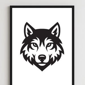 May include: Black and white framed print featuring a stylized wolf head. The artwork is a minimalist design, perfect for a modern home decor. The wolf's face is centered, with detailed fur and facial features.