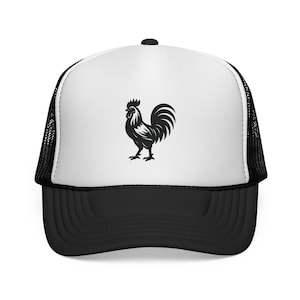 Rooster Cap Rooster Trucker Hat Trucker Cap Black and White hat Black and white cap Rooster Design Hat Stylish Hat Rooster Hat Black