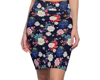 Women's Black Floral Pencil Skirt Classic Women's Skirt Japanese Design Black Skirt Asian Skirt Floral Skirt Gift for Her Flower Skirt