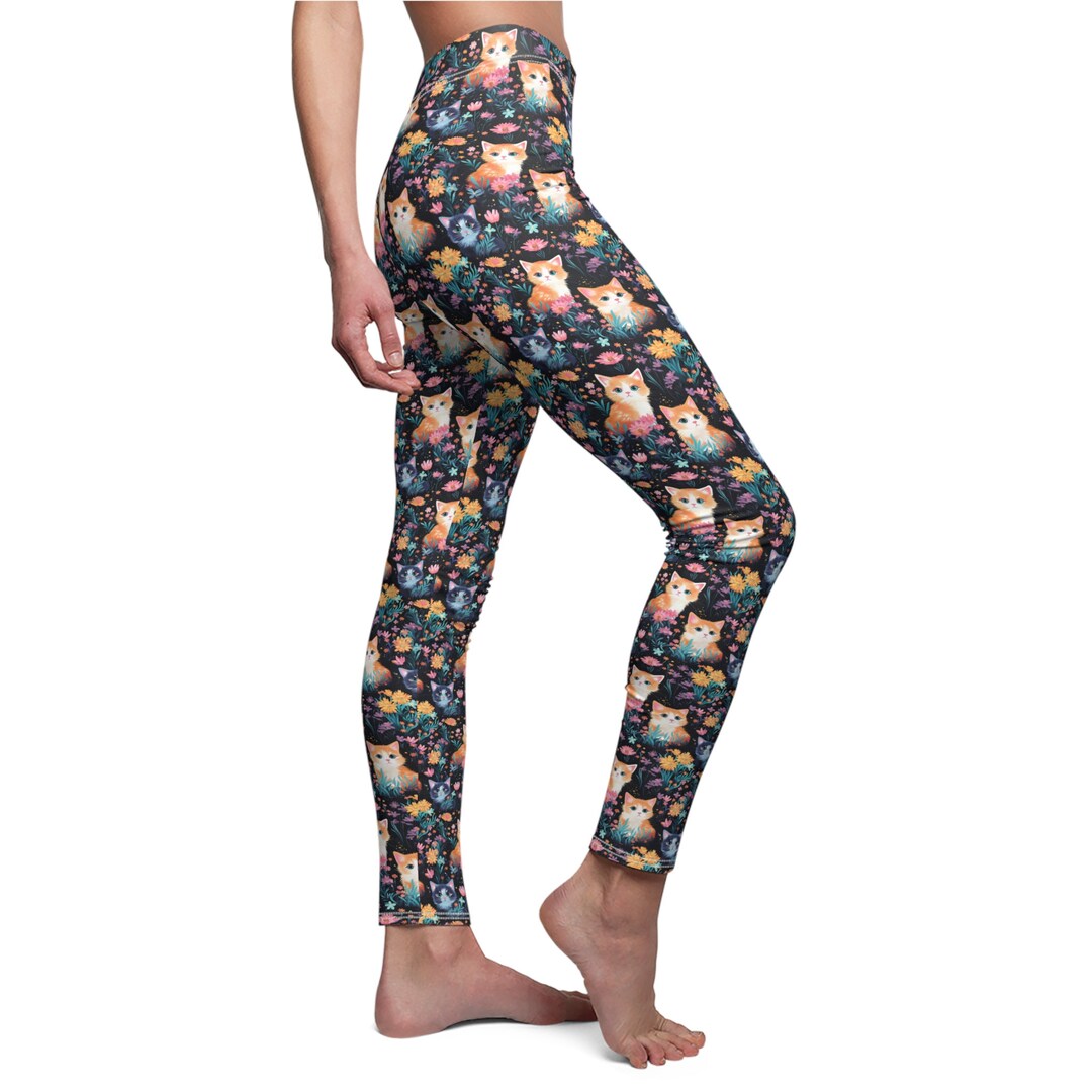 Women's Cat Leggings Flower Cat Floral Leggings Cool Cat Leggings