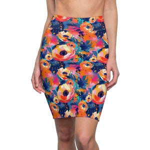 Women&#39;s Floral Skirt Fashionable Women&#39;s Skirt Orange Skirt Blue Skirt Colorful Skirt Flower Skirt Pencil Skirt Gift for Her Pretty Skirt