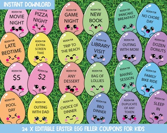 Editable Easter Egg Tokens, Printable Coupons for Kids, Scavenger Hunt Easter, Non Candy Egg Fillers, Personalised Easter Basket Stuffers