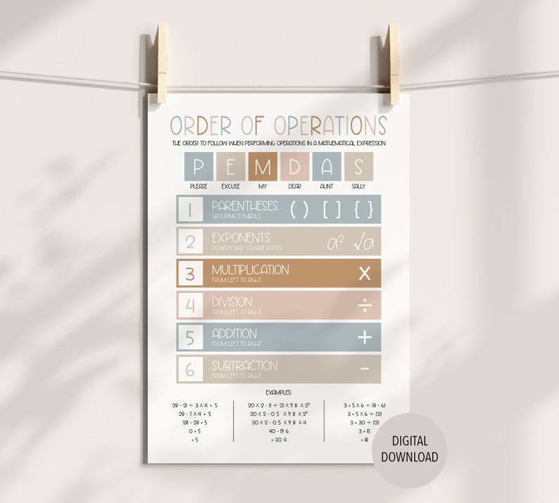 Printable PEMDAS Poster Order of Operations Chart Math Wall Decor Math Printable PEMDAS Poster Order of Operations Chart Math Wall Decor Math