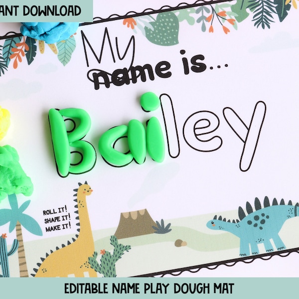 Play Dough Name Mat | Custom Name Play Doh Mat | Printable Dinosaur Play Dough Mat | Name Trace Activity | Alphabet Play Dough