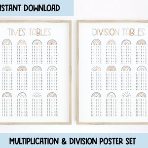 Tabla de tiempos imprimible y gráficos de división para hechos 1 a 12 / Póster de multiplicación / Póster de división / Arte de pared de matemáticas / DESCARGA INSTANTÁNEA