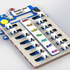 May include: A toothbrushing chart in white, blue, and red, featuring a cartoon bear and the text "Brush your teeth!". It has slots for teeth and a central column with the days of the week.