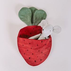 May include: A red strawberry-shaped fabric pouch with a green leaf on top. A small grey mouse plush toy is inside the pouch.
