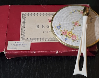 Espejo compacto vintage Regent of London / Lucite floral, pieza de tocador de mediados de siglo (en caja)