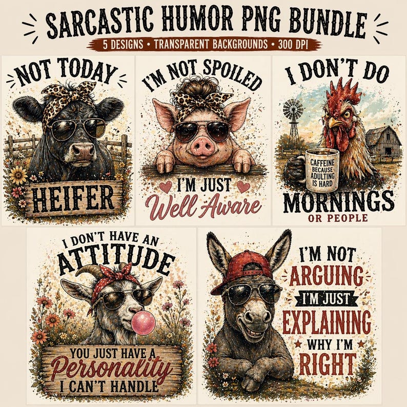 Sarcastic Farm Animal PNG Bundle, Retro Vintage Country Humor Designs ...
