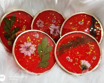 6 pc Coaster set w/holder Retro Floral Resin Epoxy handmade custom