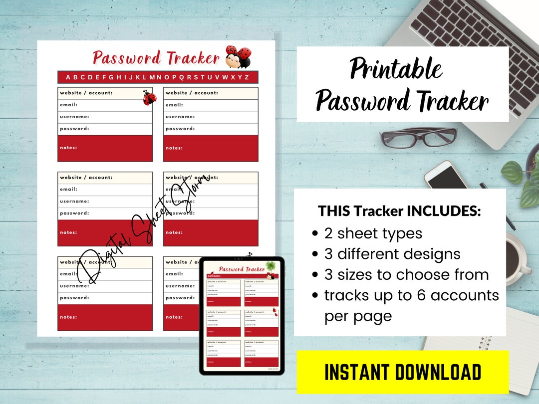 Ladybug Printable Password Tracker Log Sheet, Organizer, Manager, for ...