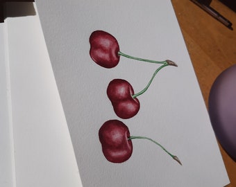 Könnte beinhalten: Aquarellmalerei von drei roten Kirschen mit grünen Stielen auf weißem Hintergrund.