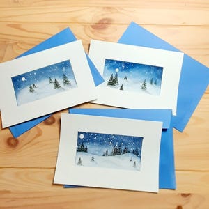 Original Aquarell Weihnachtskarten, Drei Grußkarten, Waldlandschaft, Winter Streukarten, Schneewald, 3er Set