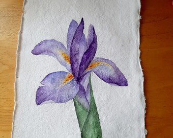 Original watercolor painting iris, purple flower room decor, hand made cotton paper, violet iris painting art