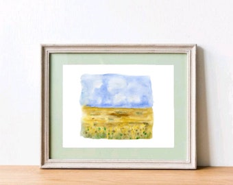 Paysage original de peinture d'aquarelle, peinture de paysage de champ, paysage d'été, décor à la maison de nature, paysage de ciel bleu, art jaune de pré