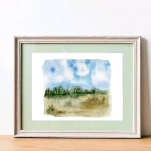Original watercolor painting landscape, Field landscape painting, summer landscape, nature home decor, blue sky scenary, yellow madow art
