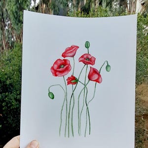 Unique Original Watercolor Painting Red Poppy, red flower wall art decor, blossom flower room decor, red poppy watercolor