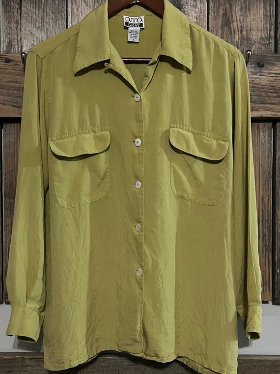 S-90s Vintage Anna Gray Green Silk Buttonup - image 2