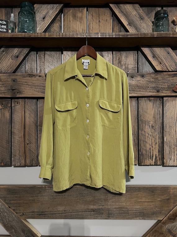 S-90s Vintage Anna Gray Green Silk Buttonup - image 1
