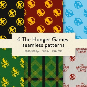 May include: Six seamless patterns featuring designs from The Hunger Games. The patterns include the Mockingjay symbol in gold and blue, along with text that reads "The Mockingjay Lives!" on a white background. The image also includes green and black plaid patterns.