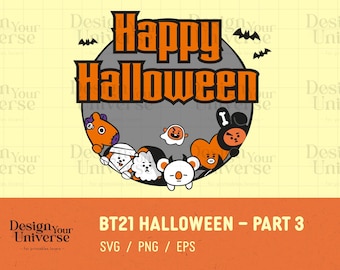 May include: A Halloween-themed graphic with the text "Happy Halloween" in orange letters. The design features cartoon characters in Halloween costumes, with bats and the text "BT21 Halloween - Part 3" below. The design is for printable items.