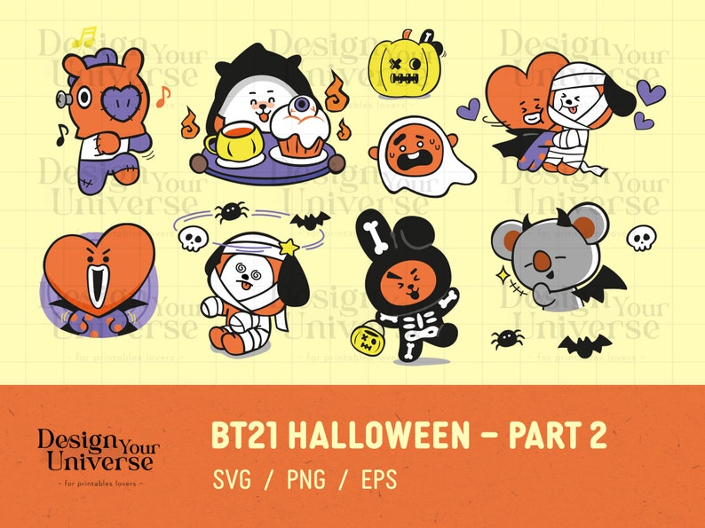 May include: A collection of cartoon characters in Halloween costumes. The image includes a pumpkin, ghost, and characters dressed as a mummy, vampire, and skeleton. The text "BT21 HALLOWEEN - PART 2" is displayed at the bottom.
