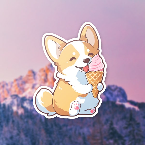 Corgi mignon avec crème glacée | Autocollant pour ordinateur portable | Autocollant de scrapbooking | Cadeau de chien | Autocollant Kawaii