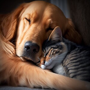 以下が含まれることがあります： 目を閉じたゴールデンレトリバーの犬が、腕の中に抱きしめられたトラ猫と一緒に寝ています。猫も目を閉じて寝ています。