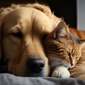 May include: A golden retriever dog and a ginger cat are sleeping together on a gray blanket. The dog's head is resting on the cat's back, and the cat's head is resting on the dog's side. Both animals appear to be relaxed and comfortable.