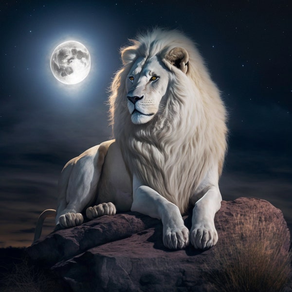 Nocturnal King: Lion Resting on Rock under Moonlit Sky Digital Print - Captivating Wildlife Art for Nature Aficionados