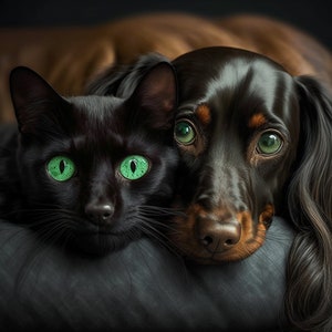 May include: A black cat and a black dachshund dog with green eyes are lying next to each other on a gray surface.