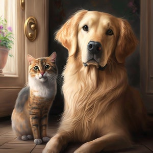 Paws and Whiskers: Cat & Dog Portrait Digital Print - Arte conmovedor para entusiastas de las mascotas