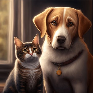 Pet Portrait Perfection: Elegant Digital Print of Cat & Dog Sitting Side by Side for a Timeless Keepsake