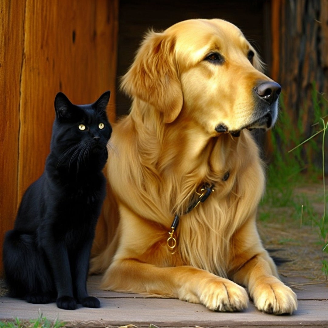 Furry Duo: Black Cat & Golden Retriever Gazing Digital Print - Etsy