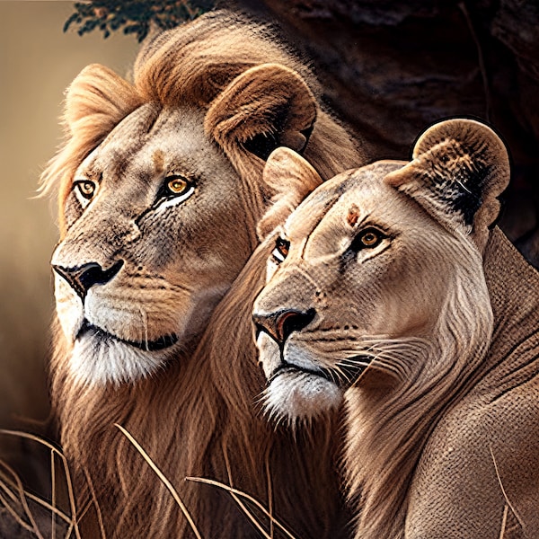 Royal Couple: Lion & Lioness Portrait Digital Print - Majestic Wildlife Art for Animal Lovers