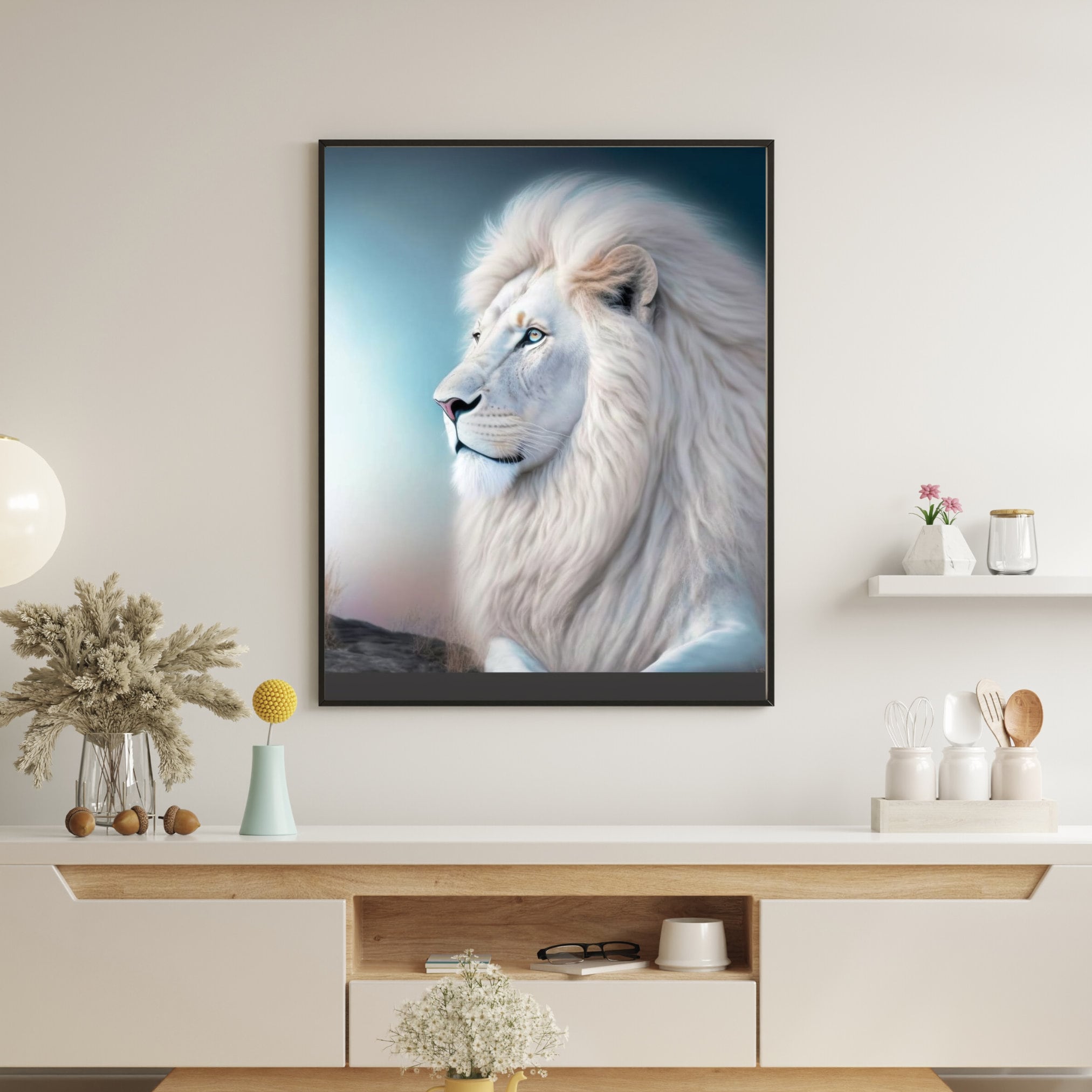 Regal Elegance: Majestic White Lion With Big Mane Digital Print