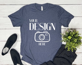 Heather Navy Bella Canvas 3001 Camiseta Mockup, Unisex Flat Lay Mockup, Bella Canvas Mockup Men, Bella Canvas Mockup Mujeres, Primavera Verano Mock
