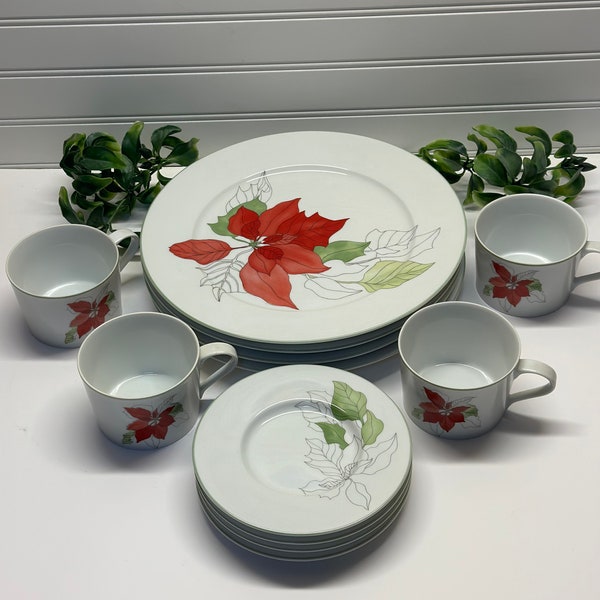 Block Spal Poinsettia Watercolors 1982 Portugal Dinner plates Cups and Saucers