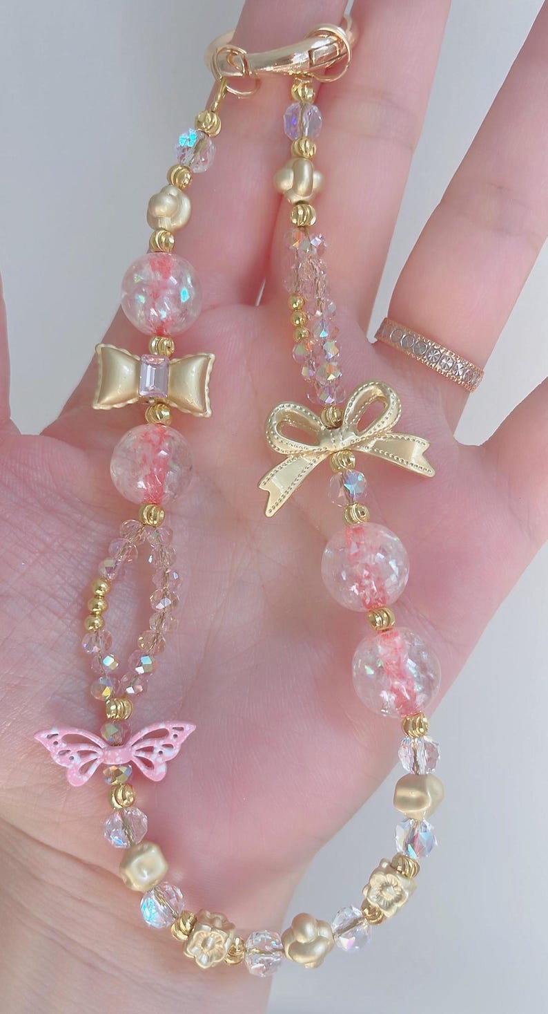 Handmade Beaded Phone Charm: Butterfly, Bow & Flower Accessory GIFTforMOM pink gold bow