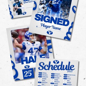 May include: A collection of blue and white football social media templates. The designs include player photos, game day graphics, a schedule for 2025, and score updates. The word "FOOTBALL" is prominently displayed at the top.