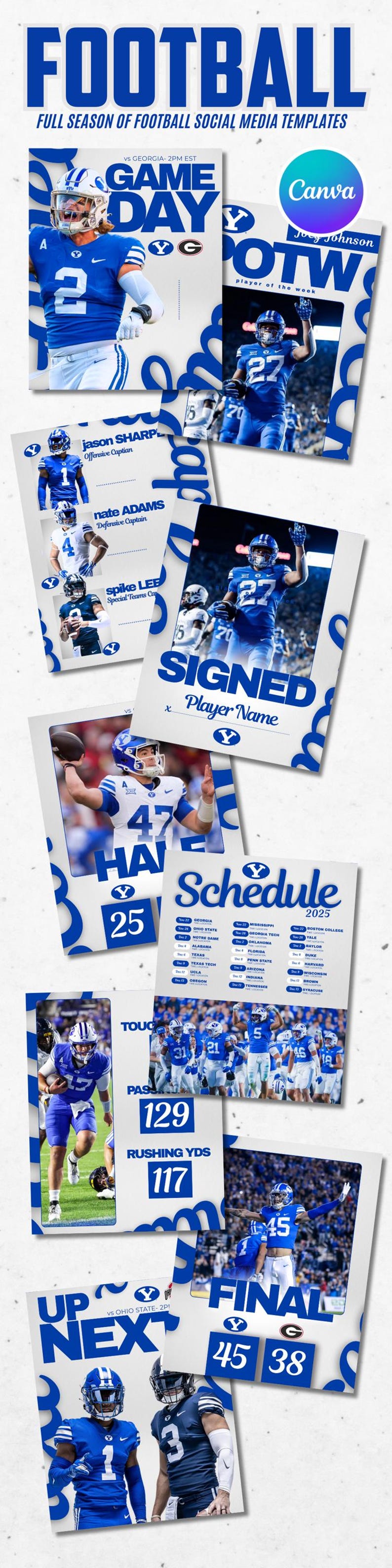 May include: A collection of blue and white football social media templates. The designs include player photos, game day graphics, a schedule for 2025, and score updates. The word "FOOTBALL" is prominently displayed at the top.
