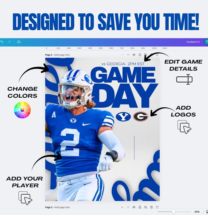 May include: A digital graphic design template for a football game day announcement. The design features a football player in a blue uniform, the text "GAME DAY," and options to edit details, add logos, and change colors.