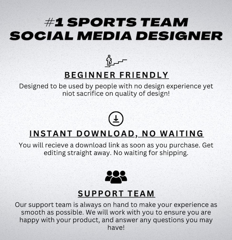 May include: White graphic with black text: "#1 SPORTS TEAM SOCIAL MEDIA DESIGNER." Additional text includes "BEGINNER FRIENDLY," "INSTANT DOWNLOAD, NO WAITING," and "SUPPORT TEAM." The design is intended for social media.