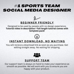 May include: White graphic with black text: "#1 SPORTS TEAM SOCIAL MEDIA DESIGNER." Additional text includes "BEGINNER FRIENDLY," "INSTANT DOWNLOAD, NO WAITING," and "SUPPORT TEAM." Icons of a person climbing stairs, a download arrow, and people are also included.