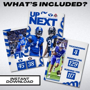 May include: A collection of digital sports graphics with a blue and white theme. The graphics include football players, game scores, and statistics. Text includes "What's Included?", "Up Next", "Touchdowns", "Passing Yds", "Rushing Yds", and "Instant Download".