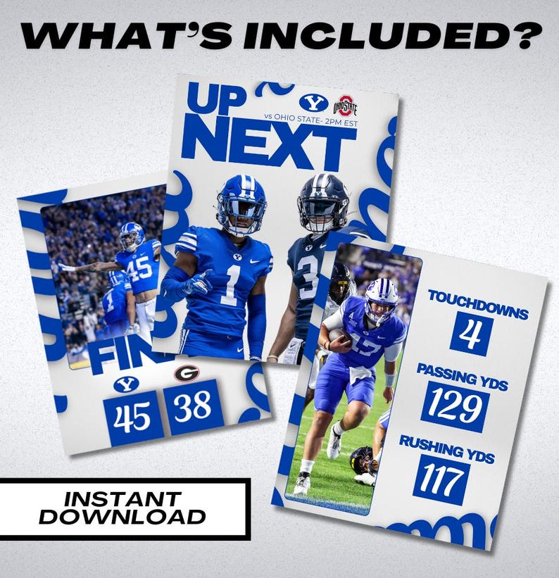 May include: A collection of digital sports graphics with a blue and white theme. The graphics include football players, game scores, and statistics. Text includes "What's Included?", "Up Next", "Touchdowns", "Passing Yds", "Rushing Yds", and "Instant Download".