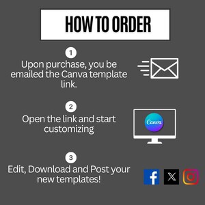 May include: How to order a Canva template: 1. Purchase and receive an email with a link. 2. Open the link and customize the template. 3. Edit, download, and post your new templates on social media.
