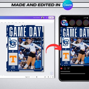May include: A digital graphic promoting a volleyball game, featuring a player in action. The design includes the text "GAME DAY" in white and blue, team logos, and the time and location of the game. The Canva logo is visible.